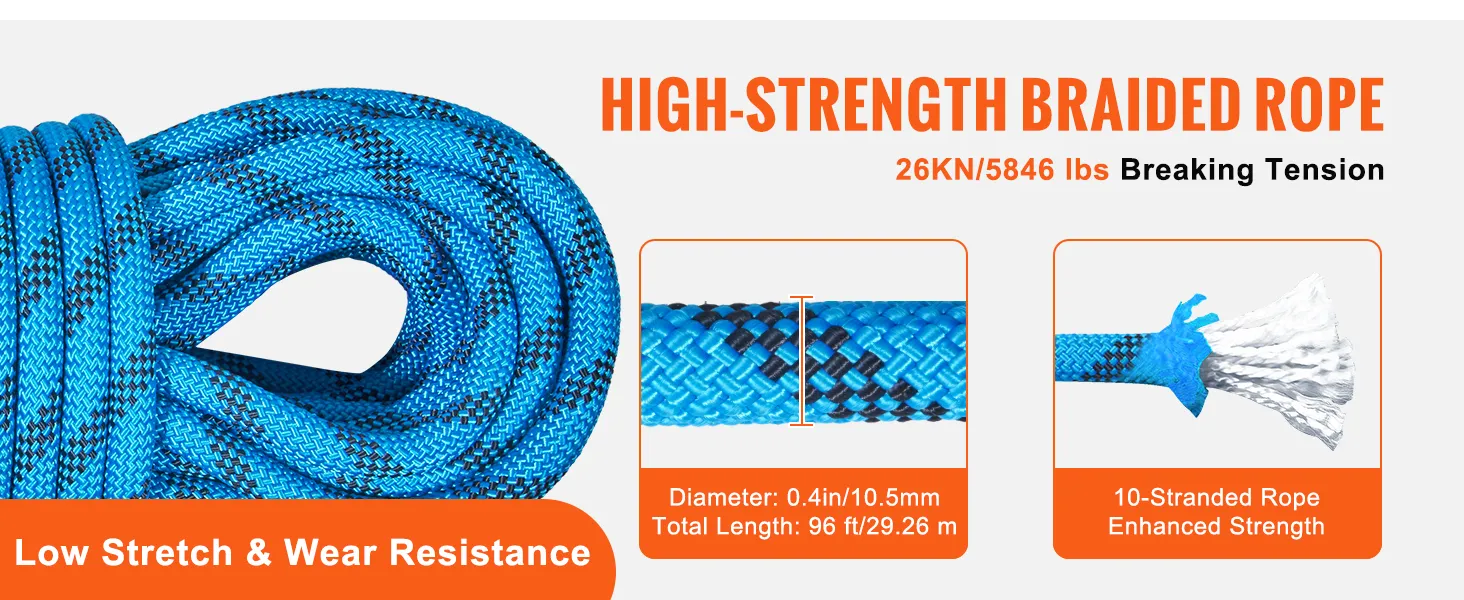 Cuerda de escalada estática VEVOR trenzada de alta resistencia, tensión de rotura de 26 kN/5846 lbs, 96 pies de longitud.
