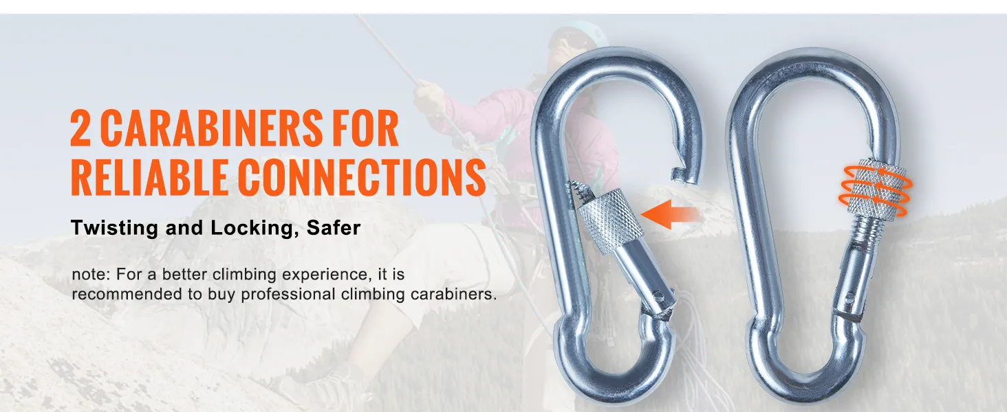 2 mosquetones para conexiones confiables, ideales para usar con cuerda de escalada estática VEVOR.