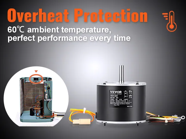 Motor de ventilador de condensador VEVOR con protección contra sobrecalentamiento de 60 °C para un rendimiento perfecto en todo momento.