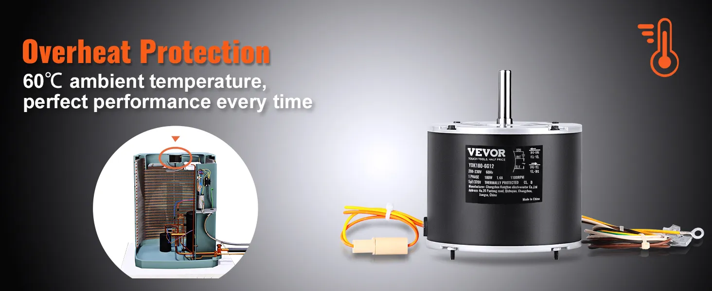 Motor de ventilador de condensador VEVOR con protección contra sobrecalentamiento de 60 °C para un rendimiento perfecto en todo momento.