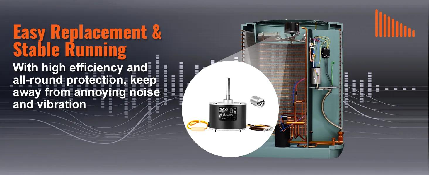 Motor de ventilador de condensador VEVOR; fácil reemplazo y funcionamiento estable con alta eficiencia y reducción de ruido.