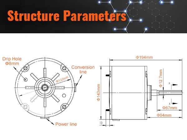 Parámetros de estructura del motor del ventilador del condensador VEVOR; dimensiones: 194 mm, 143 mm, 94 mm y eje de 12,7 mm.