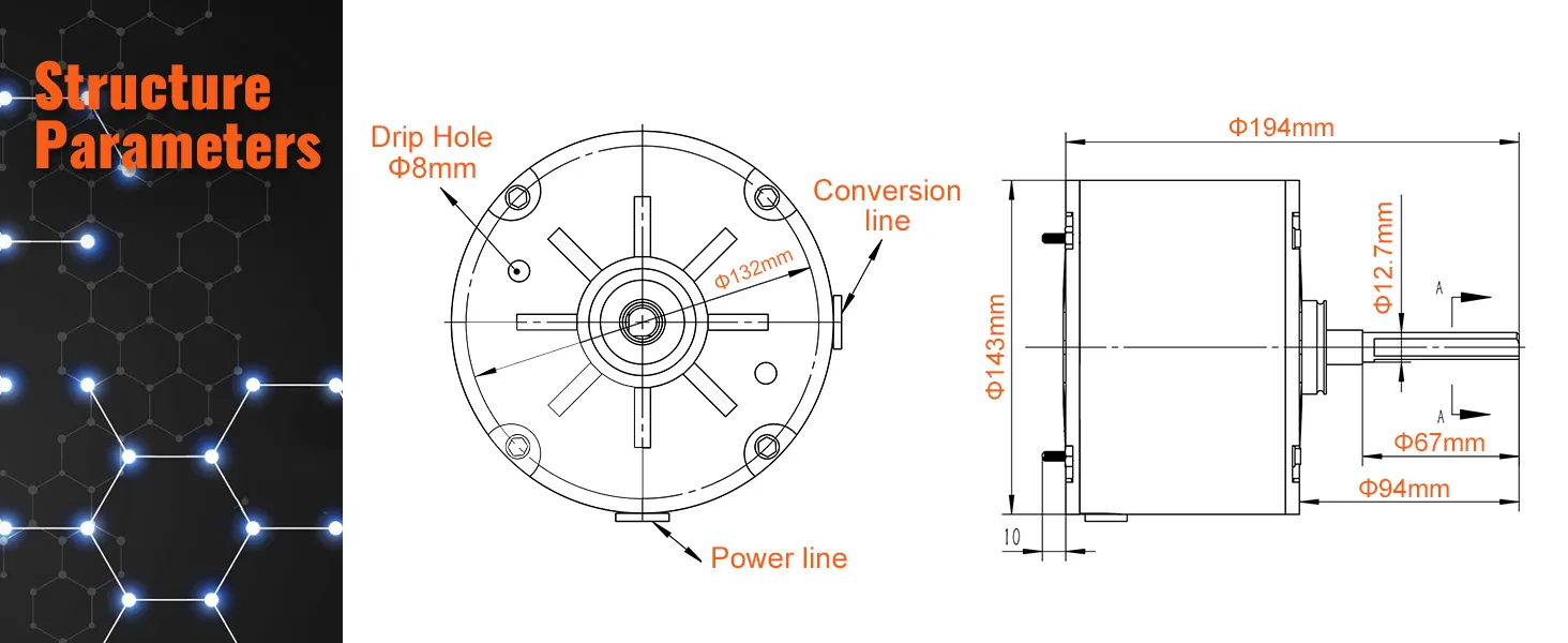 Parámetros de estructura del motor del ventilador del condensador VEVOR; dimensiones: 194 mm, 143 mm, 94 mm y eje de 12,7 mm.
