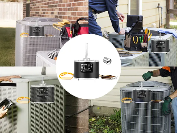 Técnicos que instalan e inspeccionan unidades HVAC con motor de ventilador de condensador VEVOR en diferentes ángulos.