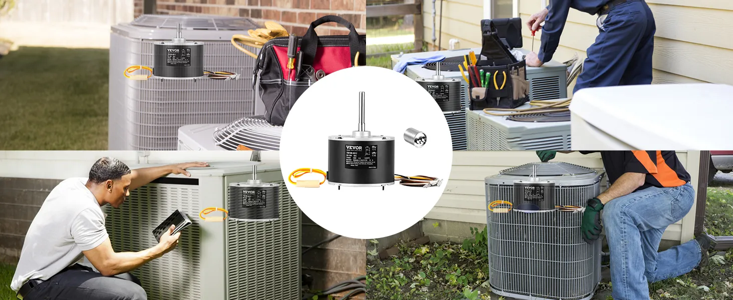 Técnicos que instalan e inspeccionan unidades HVAC con motor de ventilador de condensador VEVOR en diferentes ángulos.