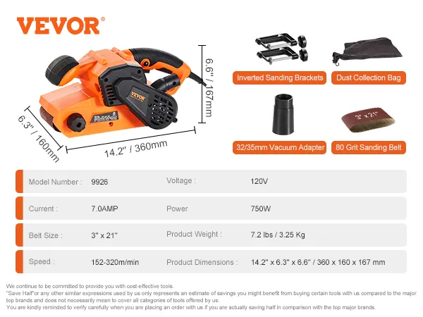VEVOR belt sander 9926, 7.0amp, 120v, 3"x21" belt, 750w, with accessories and measurements.