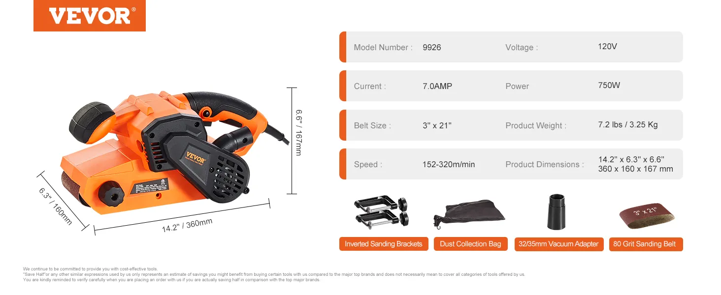 VEVOR belt sander 9926, 7.0amp, 120v, 3"x21" belt, 750w, with accessories and measurements.