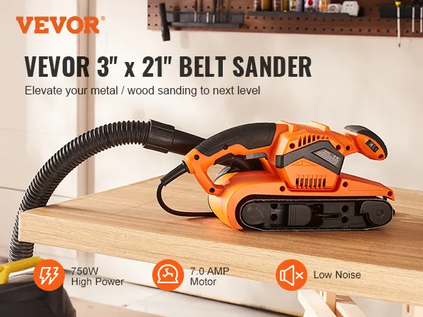 VEVOR belt sander on a workbench, highlighting 750w power, 7.0 amp motor, and low noise features.