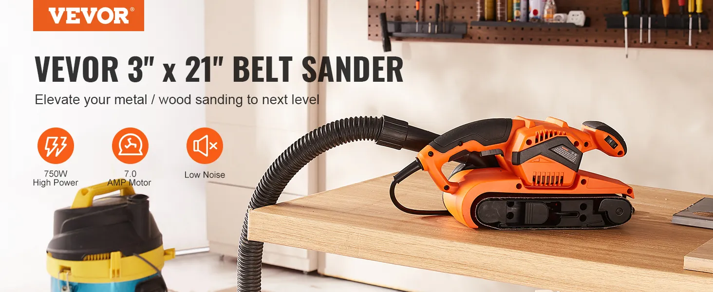 VEVOR belt sander on a workbench, highlighting 750w power, 7.0 amp motor, and low noise features.