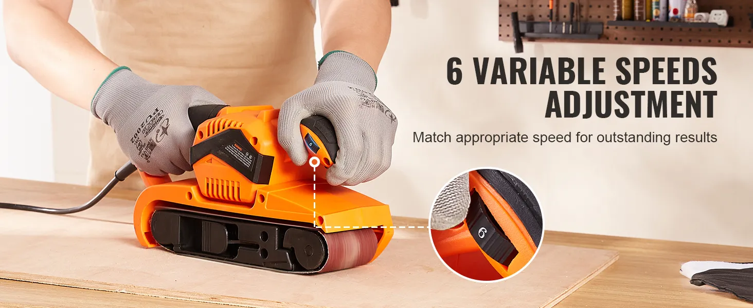worker using VEVOR belt sander with adjustable speeds for precision sanding on a wooden surface.