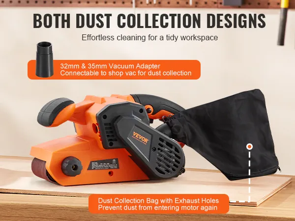 VEVOR belt sander with dual dust collection, vacuum adapter, and dust bag on a wooden workbench.