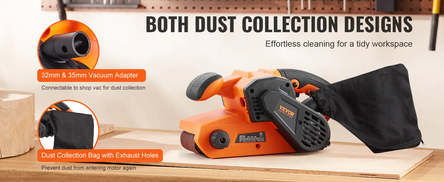 VEVOR belt sander with dual dust collection, vacuum adapter, and dust bag on a wooden workbench.