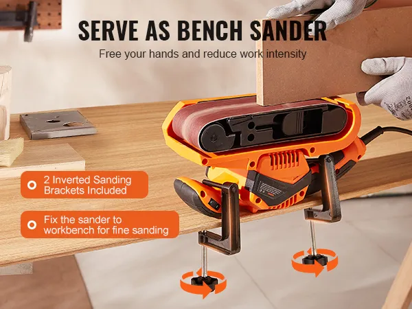 VEVOR belt sander fixed on a workbench with 2 inverted sanding brackets for precise sanding tasks.