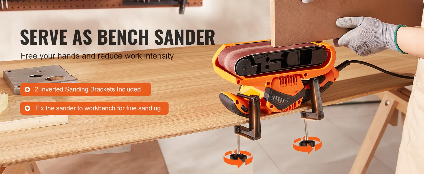 VEVOR belt sander fixed on a workbench with 2 inverted sanding brackets for precise sanding tasks.