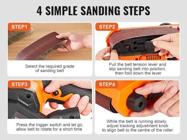 4 simple steps for using VEVOR belt sander: set belt, adjust tension, trigger switch, align tracking knob.