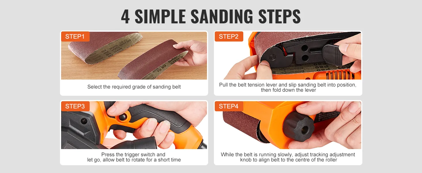 4 simple steps for using VEVOR belt sander: set belt, adjust tension, trigger switch, align tracking knob.