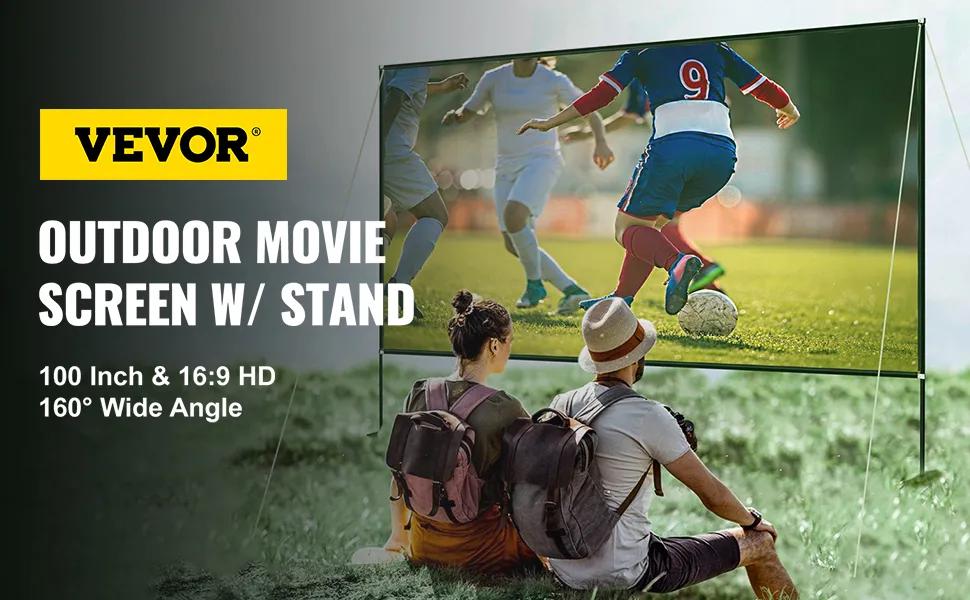 outdoor movie night with VEVOR projector screen 100inch, showing a soccer game.