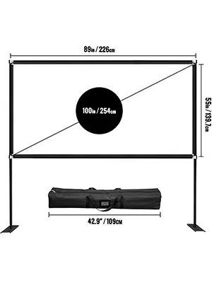 VEVOR projector screen 100inch, portable frame, with carrying bag, 89" x 55" size.