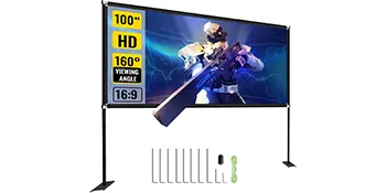 VEVOR projector screen 100inch with hd display, 160° viewing angle, and 16:9 aspect ratio.