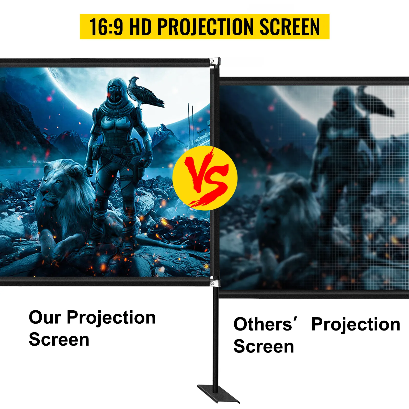comparison: vivid image on VEVOR projector screen 100inch vs. blurry on other screen.