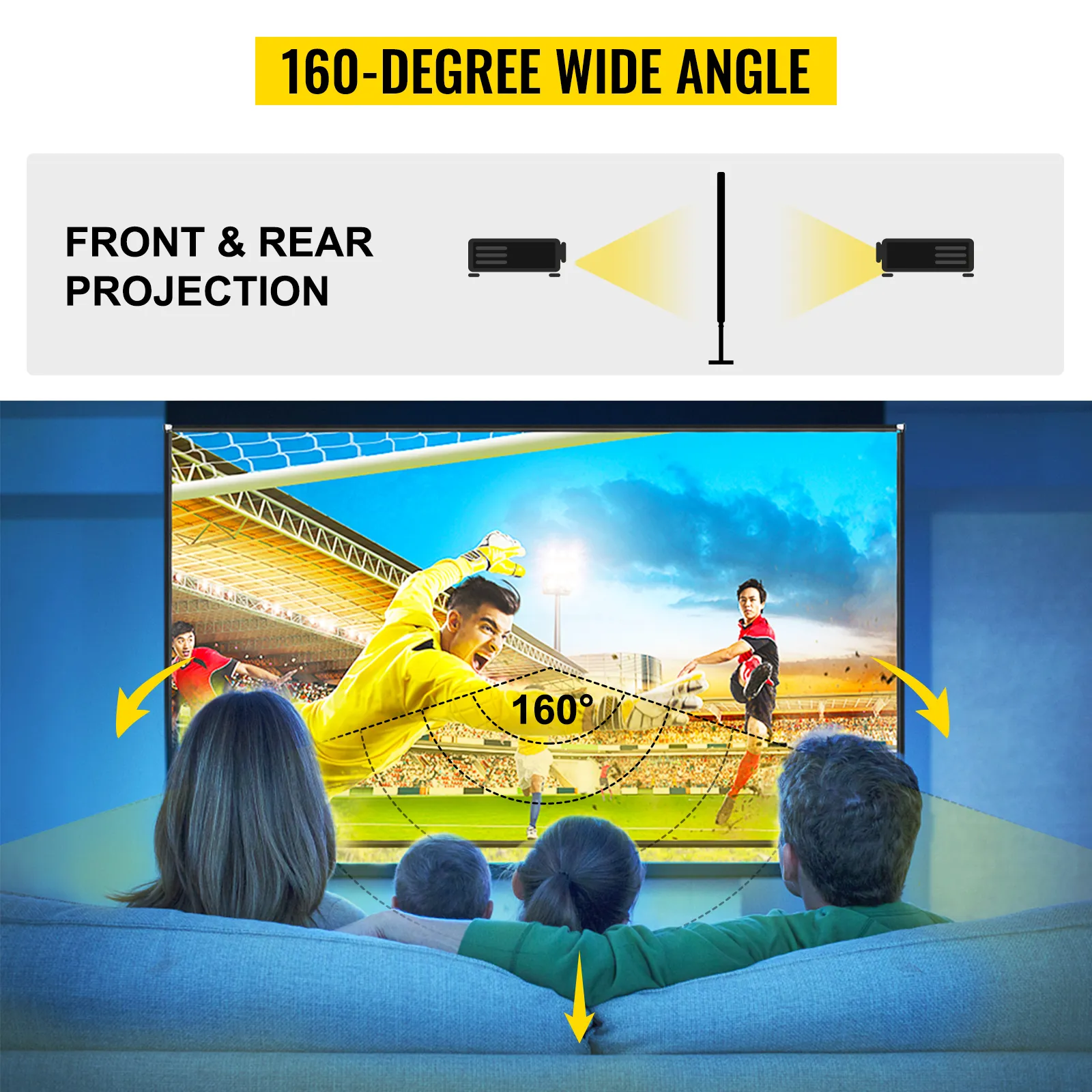VEVOR projector screen 100inch with 160-degree wide angle for front and rear projection.