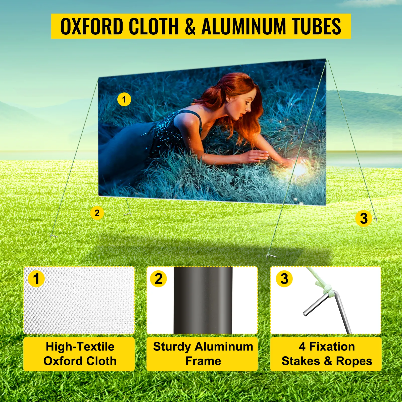 VEVOR projector screen 100inch with oxford cloth, aluminum frame, and fixation stakes.