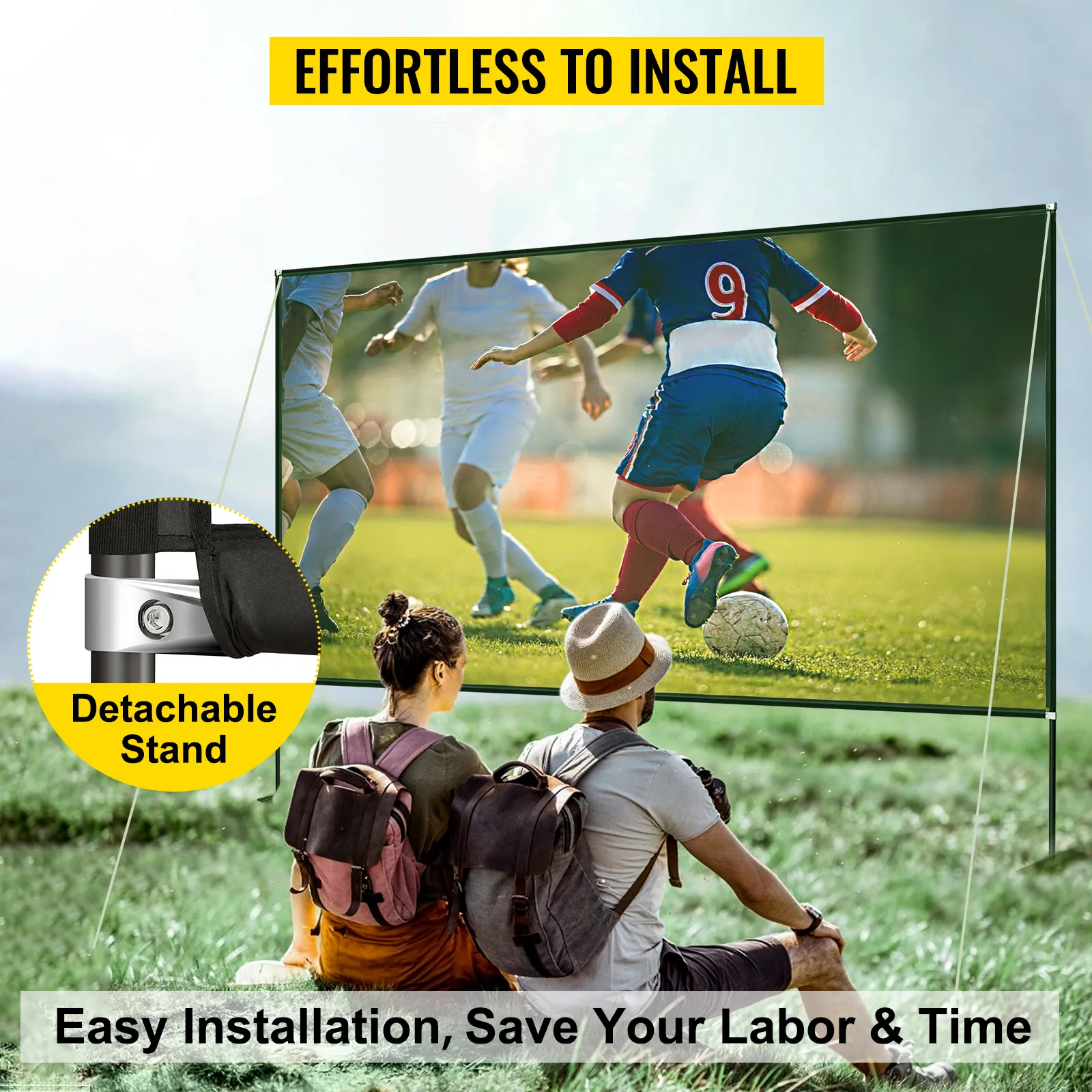 VEVOR projector screen 100inch showing a soccer game, with people watching outdoors.