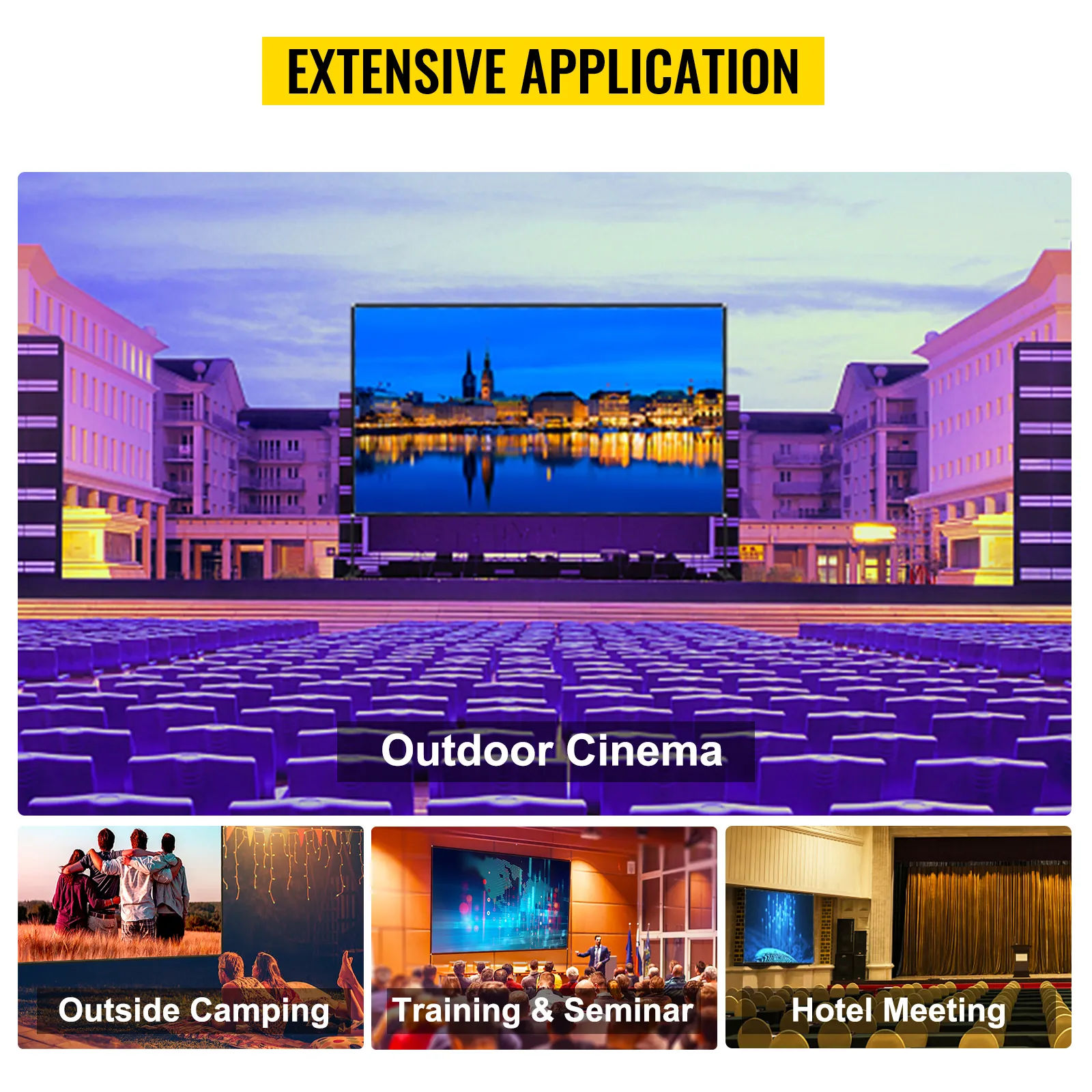 VEVOR projector screen 100inch for outdoor cinema, camping, seminars, and meetings.