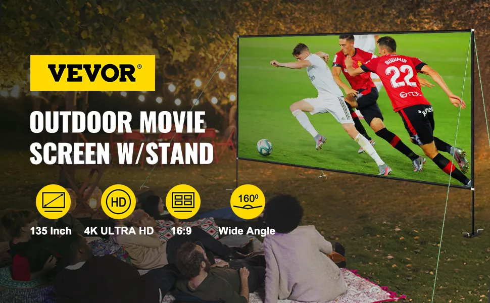 VEVOR 135inch portable projector screen for outdoor movies, 4k ultra hd 16:9 wide angle.