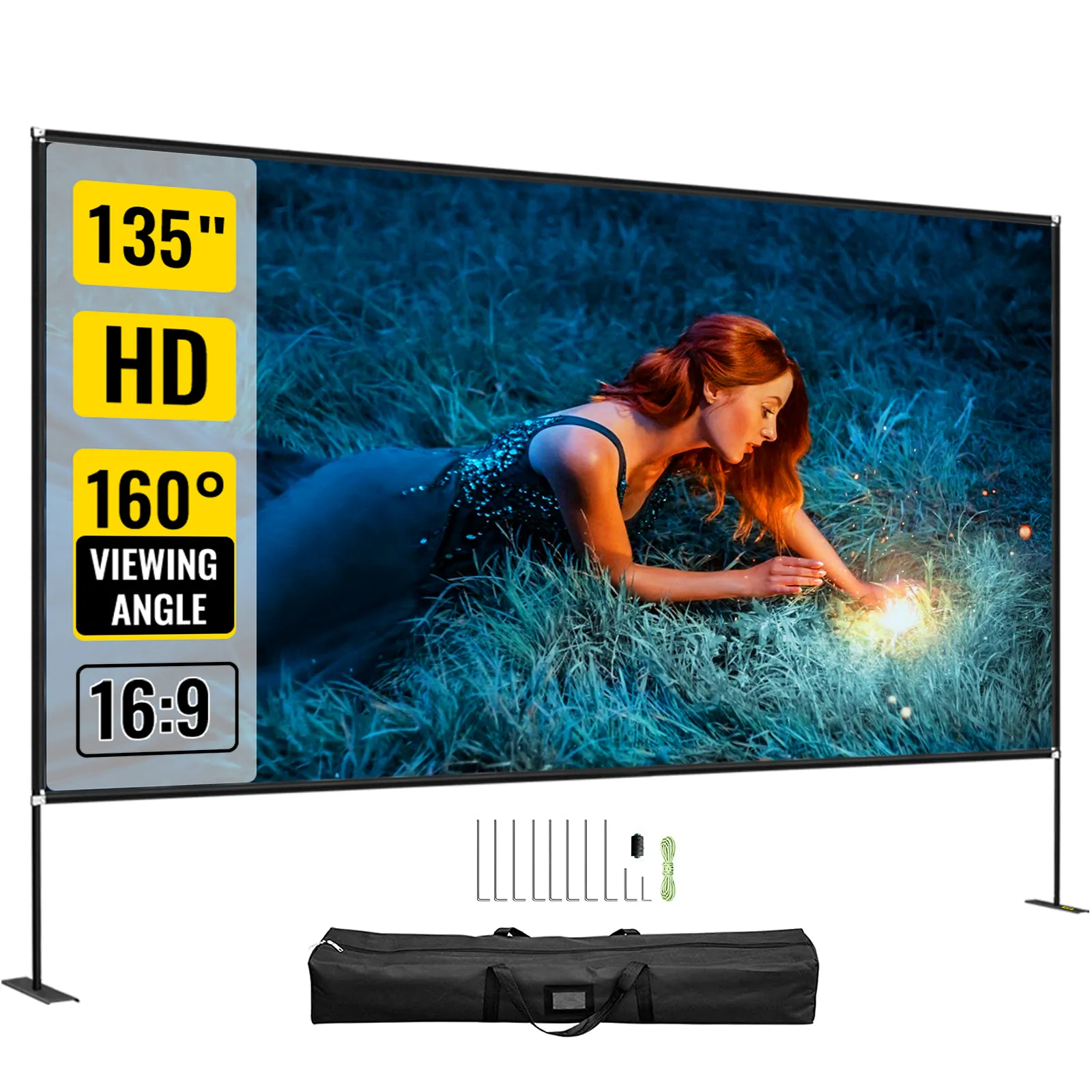 Pantalla de proyector portátil VEVOR de 135 pulgadas, pantalla HD con ángulo de visión de 160°, relación de aspecto 16:9.
