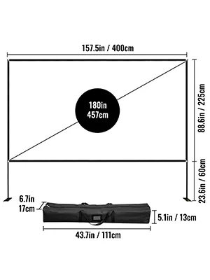 VEVOR movie screen setup with dimensions and carrying case illustrated.