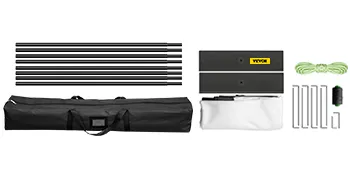 VEVOR movie screen components: poles, carrying case, screen, ropes, and accessories.