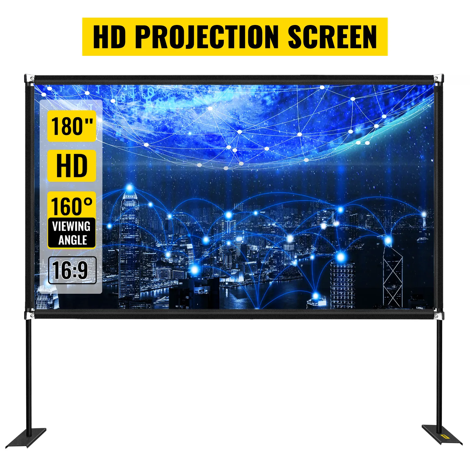 VEVOR movie screen with 180" diagonal, 160° viewing angle, and hd 16:9 projection.