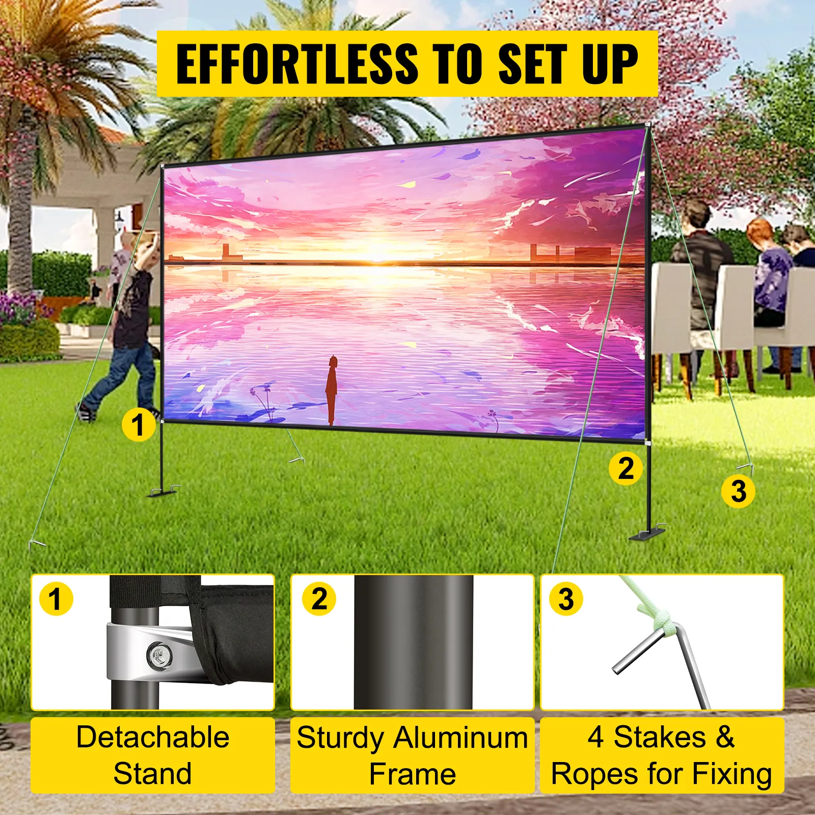 VEVOR movie screen setup in a park with detachable stand and sturdy aluminum frame.