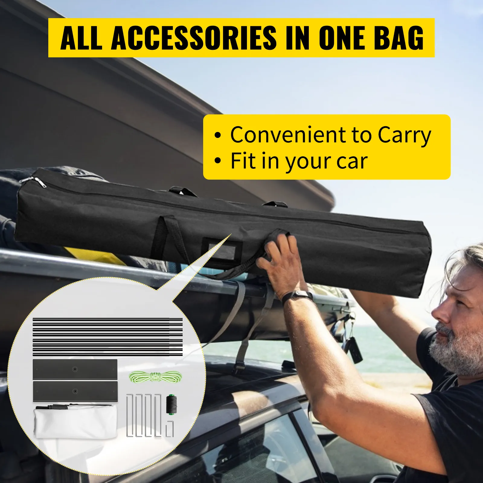 VEVOR movie screen and accessories bag atop a car with convenience and portability highlighted.