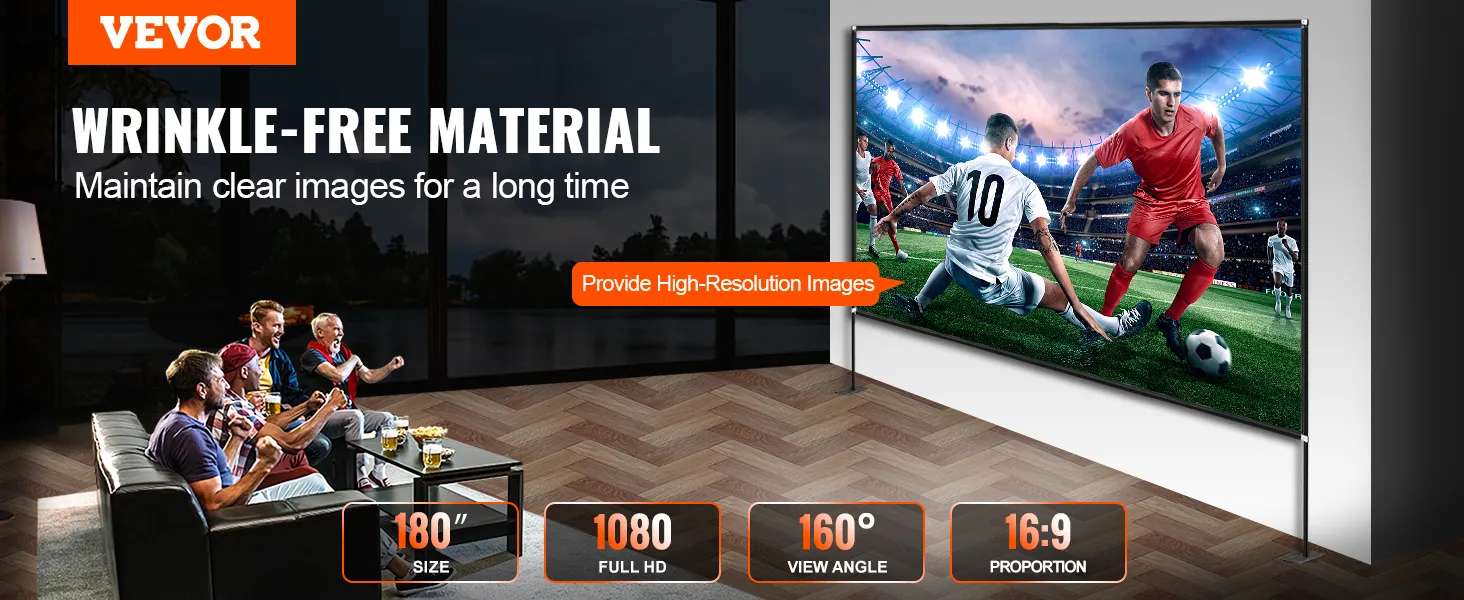 VEVOR movie screen displaying a soccer match, highlighting wrinkle-free material at 180 inches.