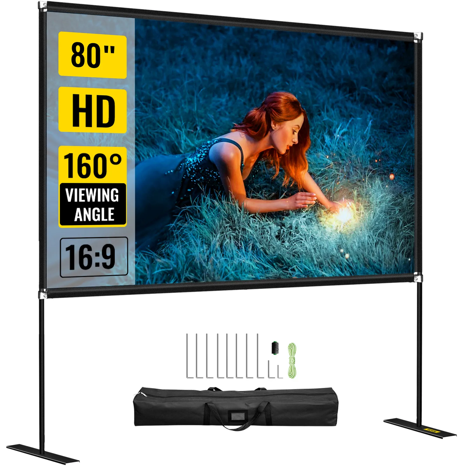 Pantalla de proyector portátil VEVOR, 80" HD, ángulo de visión de 160°, relación de aspecto 16:9 con soporte.