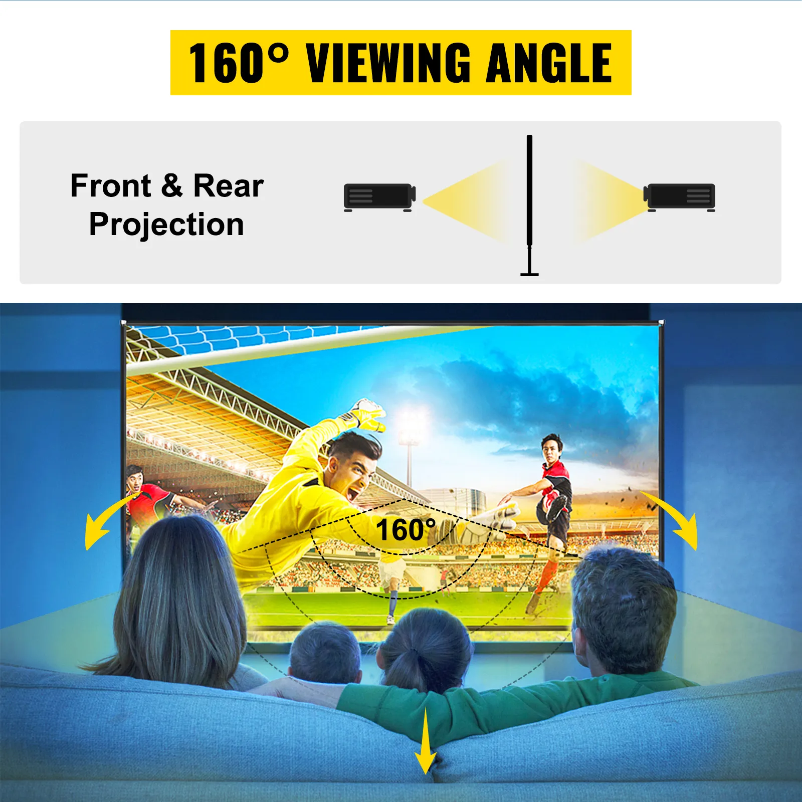 Pantalla de proyector portátil VEVOR con ángulo de visión de 160° para proyección frontal y trasera.