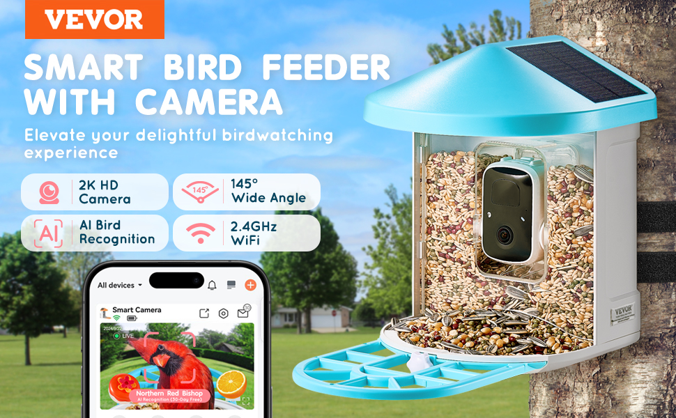 Vatjubi Vogelhaus Mit Kamera & Solarpanel – 1080P HD, KI-Vogelerkennung, Echtzeit-Benachrichtigungen Aufs Handy