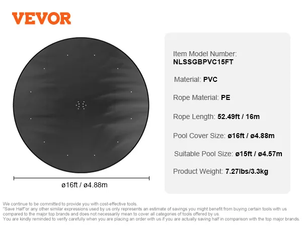 VEVOR-Poolabdeckung, 16 Fuß PVC, 52,49 Fuß PE-Seil, 16,75 Pfund, geeignet für 15 Fuß-Pools.