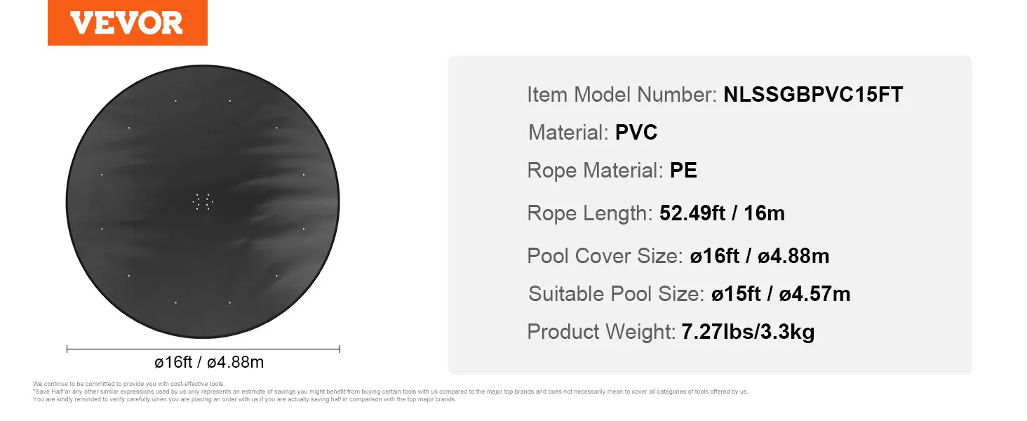 VEVOR-Poolabdeckung, 16 Fuß PVC, 52,49 Fuß PE-Seil, 16,75 Pfund, geeignet für 15 Fuß-Pools.