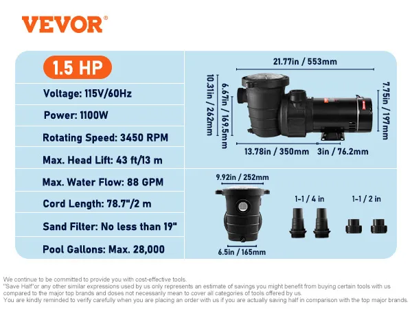 Bomba de piscina VEVOR, 1,5 hp, 1100w, 88 gpm, elevación de 43 pies, 3450 rpm, adecuada para hasta 28 000 galones.