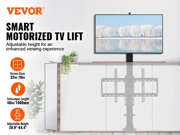 VEVOR motorized tv lift for 32in-70in screens with adjustable height and remote control.