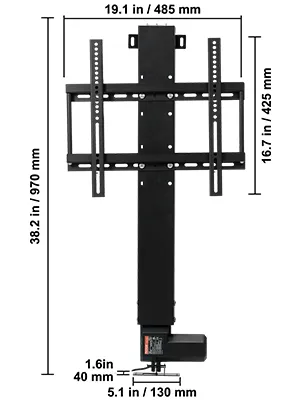 VEVOR motorized tv lift with dimensions: height 38.2in, width 19.1in, depth 5.1in.