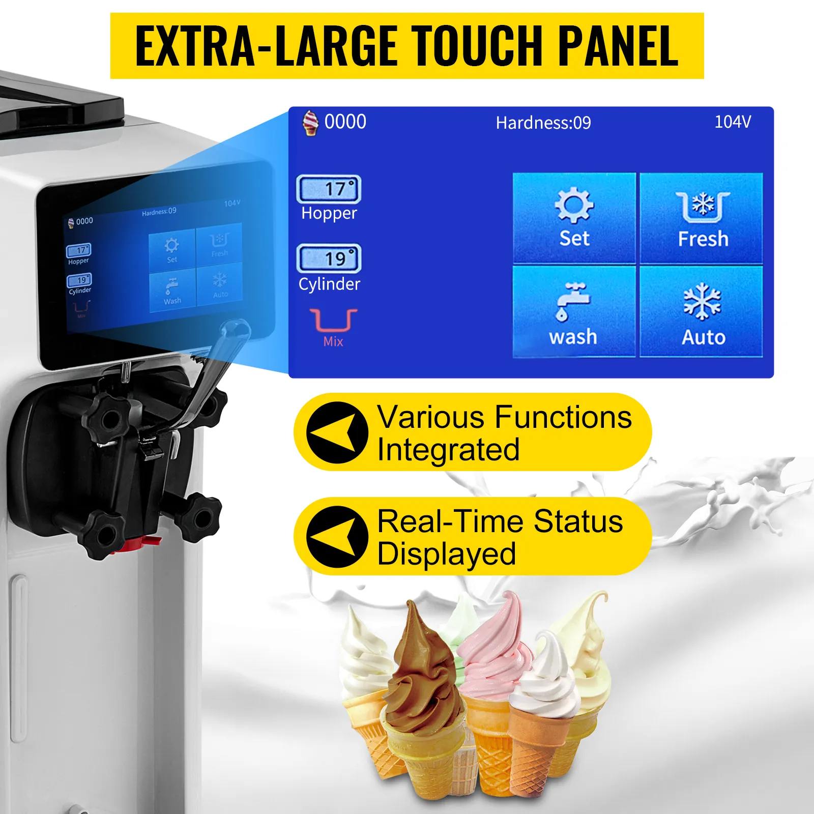 Máquina para hacer helados comerciales VEVOR con panel táctil extragrande que muestra todas las funciones.