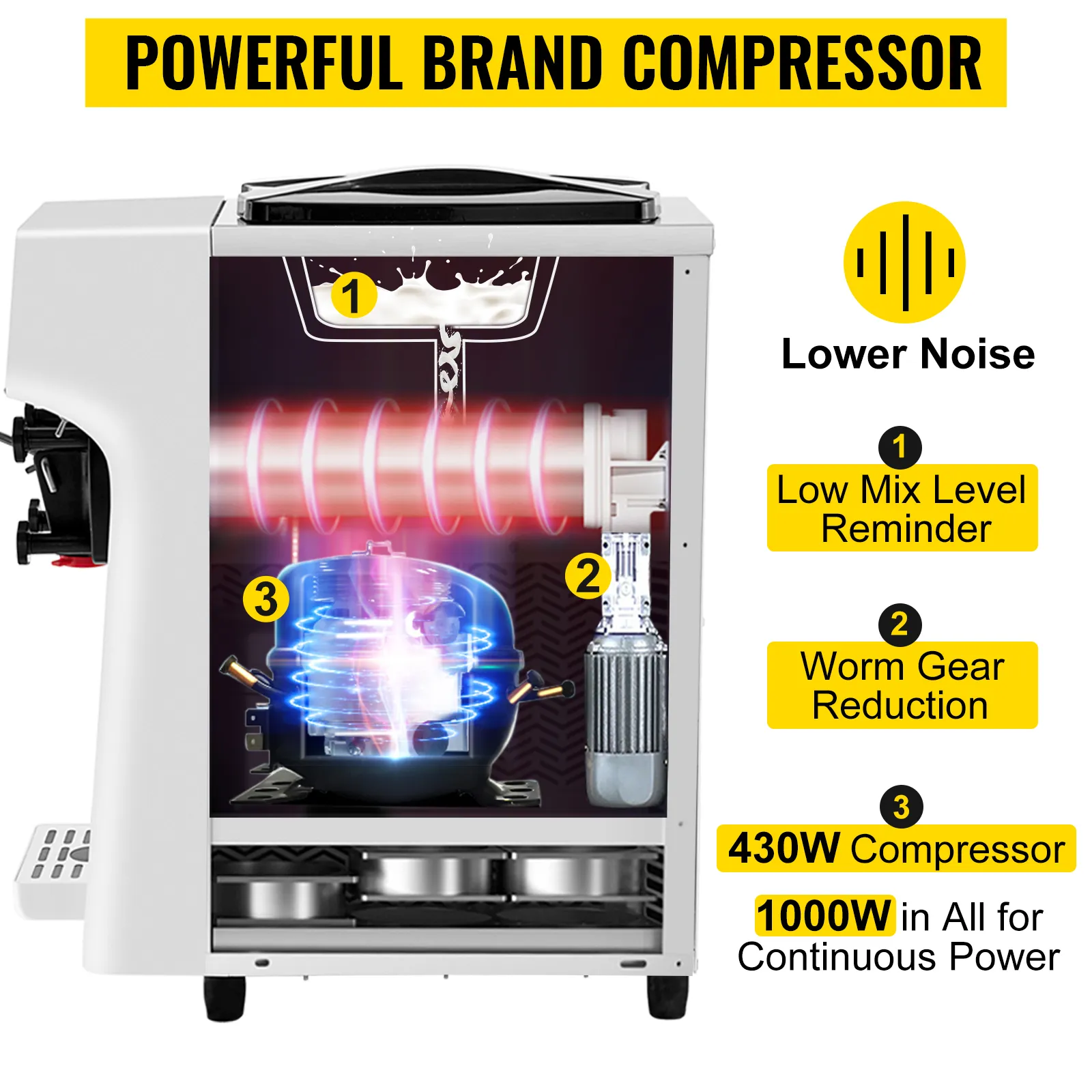 Máquina para hacer helados comerciales VEVOR con potente compresor de 430w y bajo nivel de ruido.