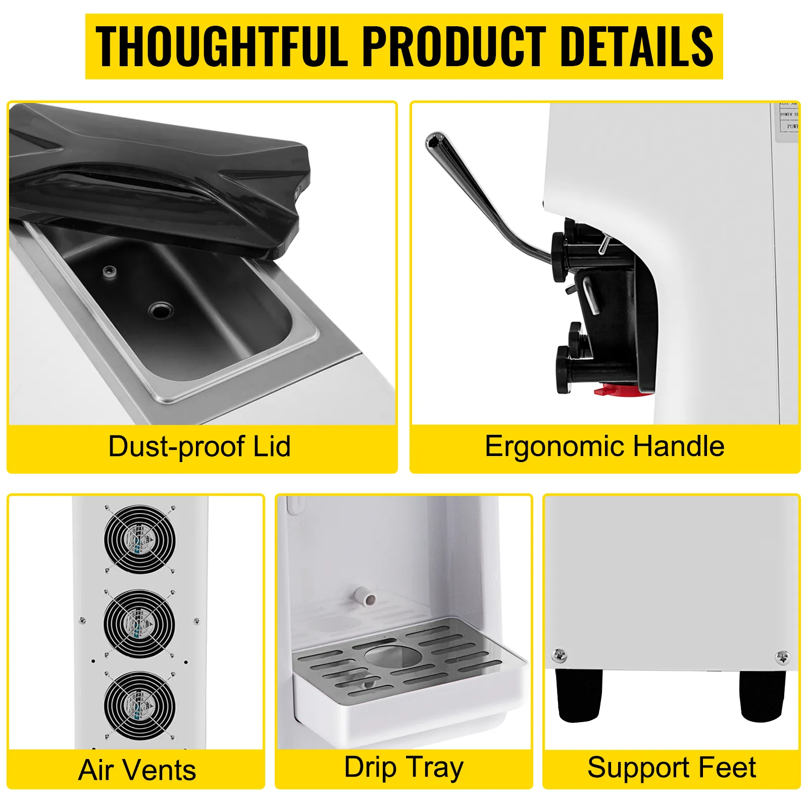 Máquina para hacer helados comerciales VEVOR con tapa a prueba de polvo, mango ergonómico, rejillas de ventilación, bandeja de goteo y pies de apoyo.