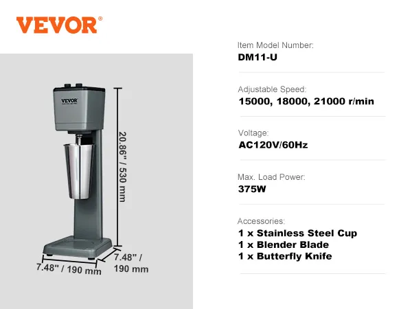 Batidora VEVOR dm11-u, 375w, vaso de acero inoxidable, velocidades regulables (15000, 18000, 21000 r/min).
