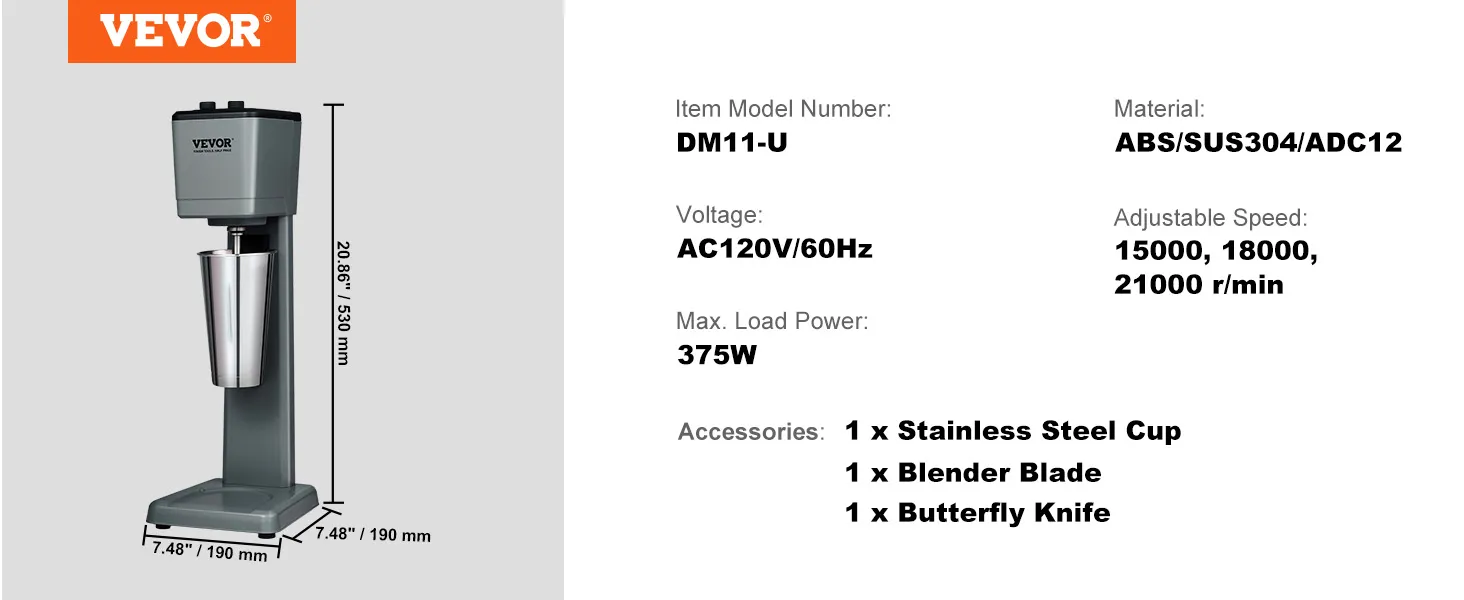 Batidora VEVOR dm11-u, 375w, vaso de acero inoxidable, velocidades regulables (15000, 18000, 21000 r/min).
