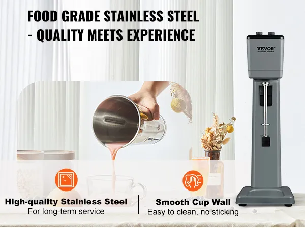 Máquina para hacer batidos VEVOR con acero inoxidable de grado alimenticio, que se muestra con varios ingredientes y bebidas mezcladas.